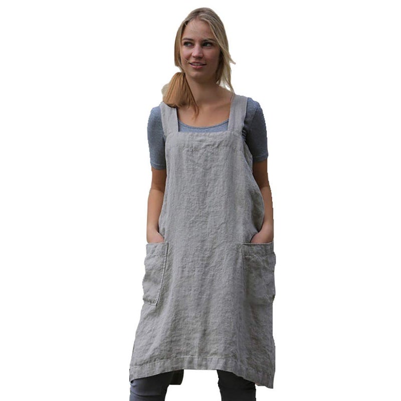 Larmliss Womenâ€™s Pinafore Square Apron Baking Cooking Gardening Works Cross Back Cotton/Linen Blend Dress with 2 Pockets Gray - Image 1